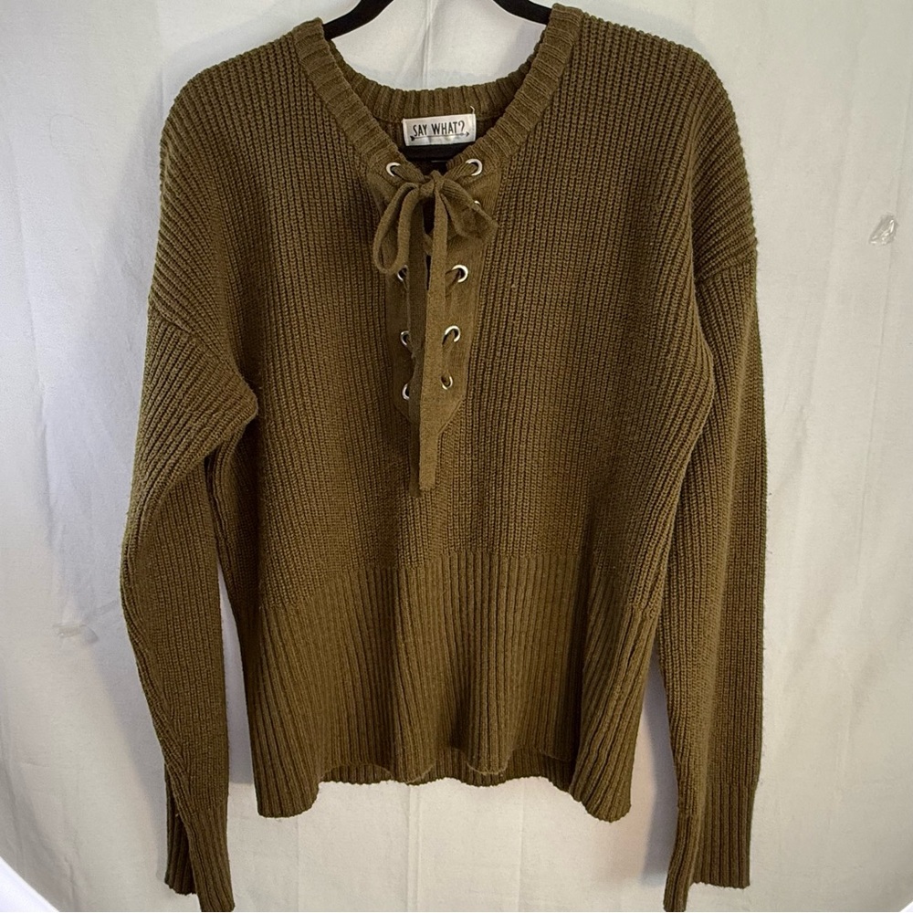 Say What? Olive‎ Green Lace Front Sweater XL